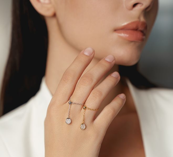 BLISS Ring | Срібна каблучка-ланцюжок з рухомою круглою підвіскою з позолотою Ring01g фото